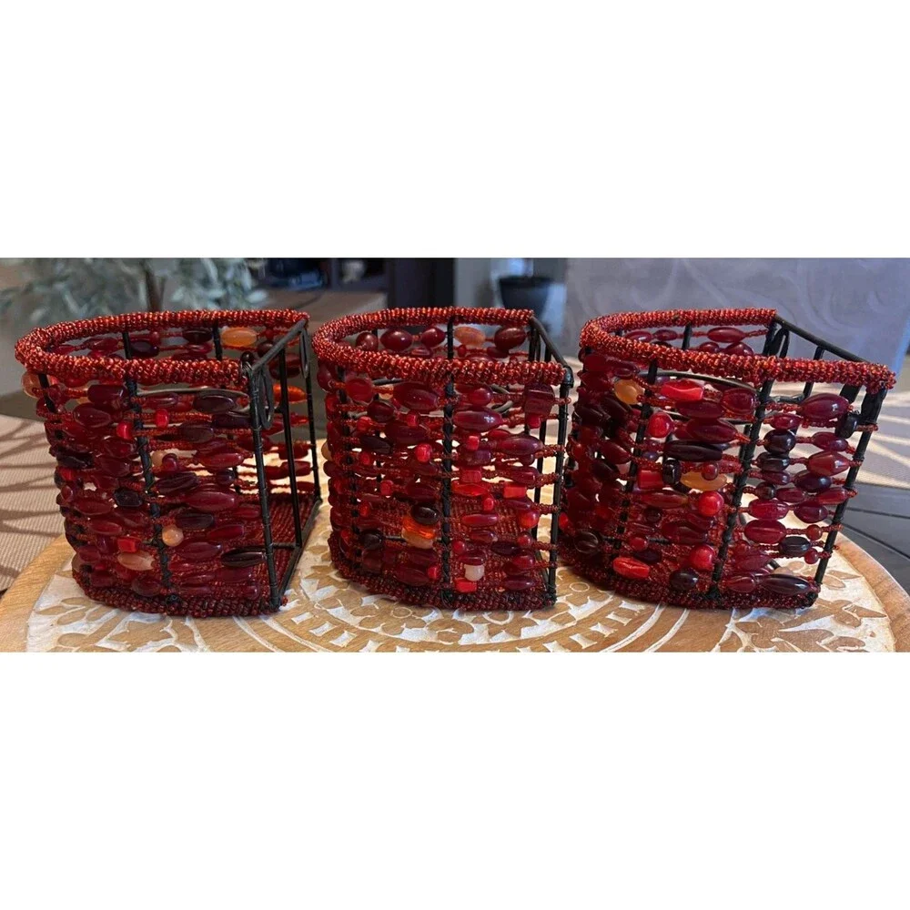 Pottery Barn Red Beaded Votive Candle Holder Sconces Wall Mount Set of 3